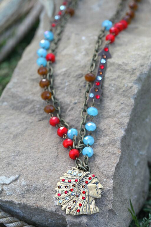 Indian Head Color Block Linked Bronze Necklace - Pistol Annie's Boutique