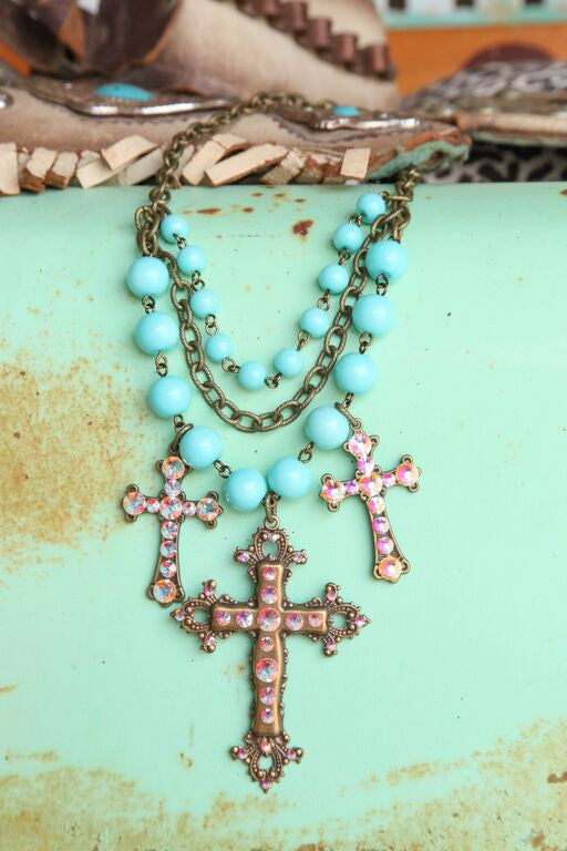 Triple Cross Turquoise & Bronze Chain - Pistol Annie's Boutique
