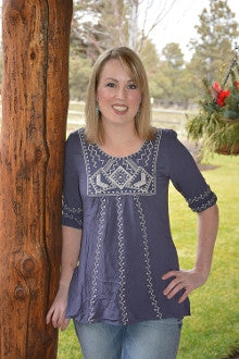 Navajo Embroidered Top in Navy - Pistol Annie's Boutique