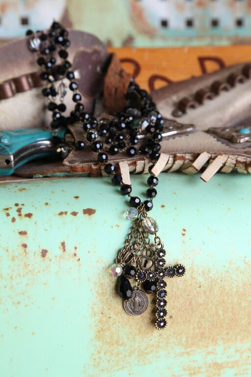 Multi Strand Black Bead & Cross Charm Necklace - Pistol Annie's Boutique