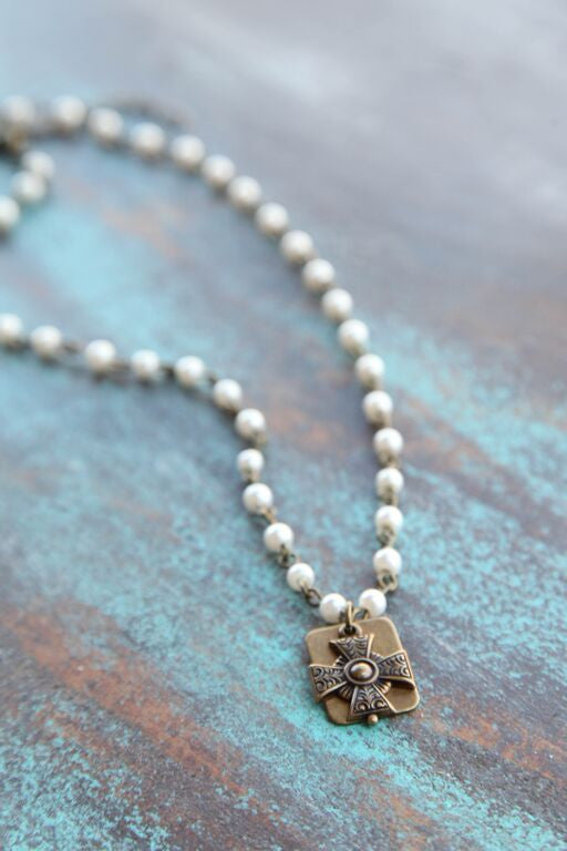 Pearl Bead Chain Linked w/ Mini Iron Cross - Pistol Annie's Boutique