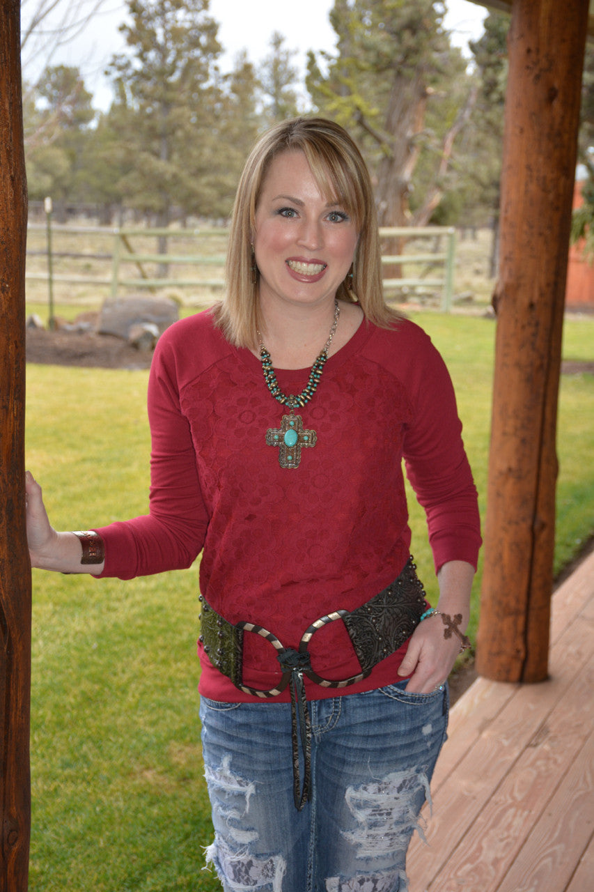 Lace Flower Detailed French Terry Sweatshirt - Pistol Annie's Boutique