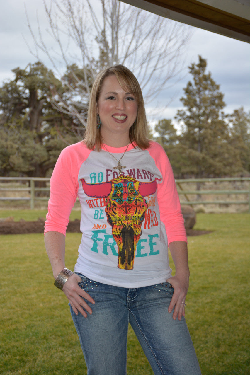 3/4 Sleeve Aztec Skull Art Go Forward Gypsy Soule Graphic Baseball Tee - Pistol Annie's Boutique
