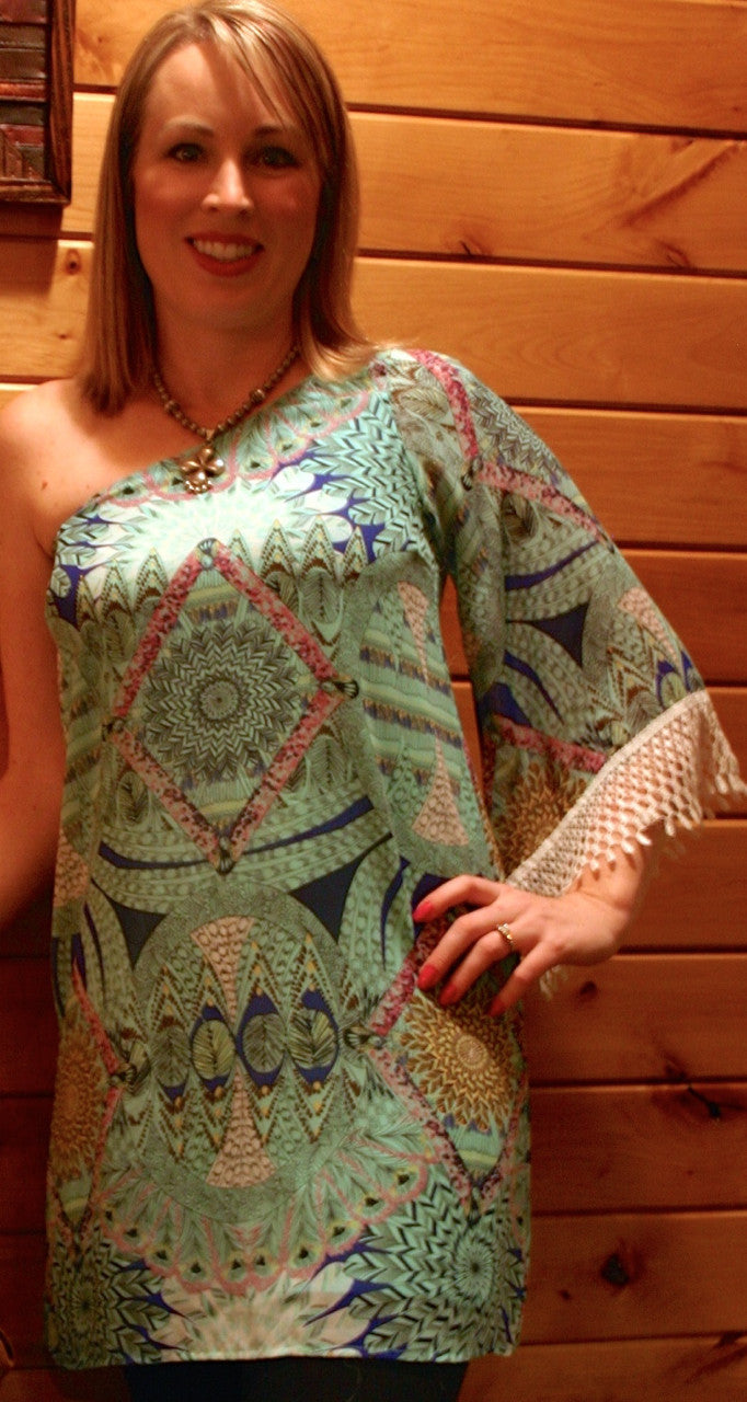 Sassy Peacock Mint of the Shoulder Dress - Pistol Annie's Boutique