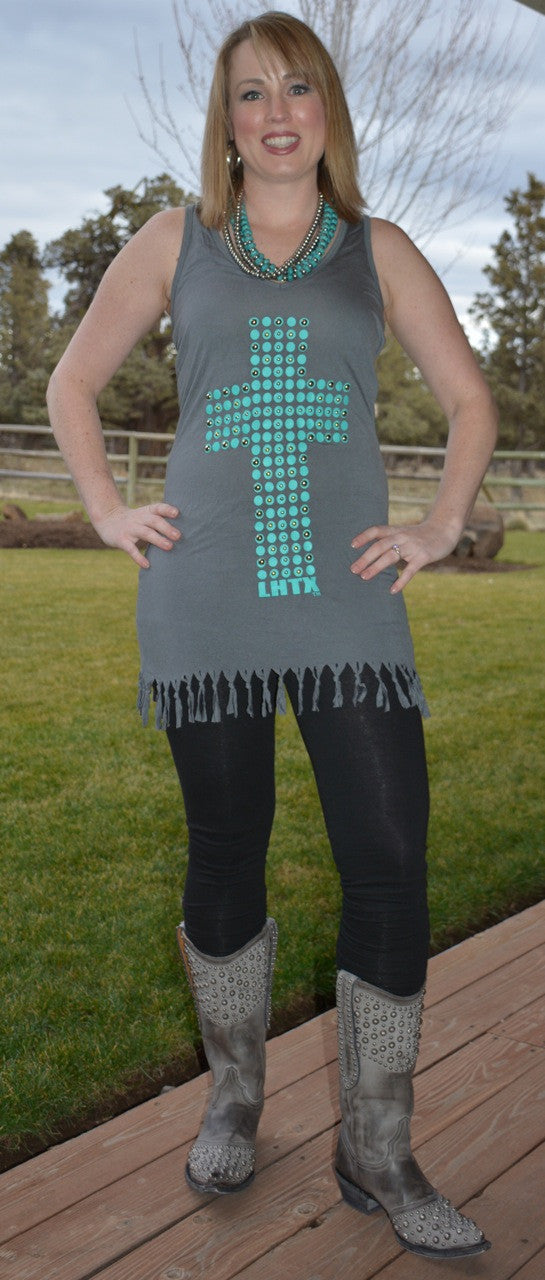 Turquoise Cross & Fringe Dress - Pistol Annie's Boutique
