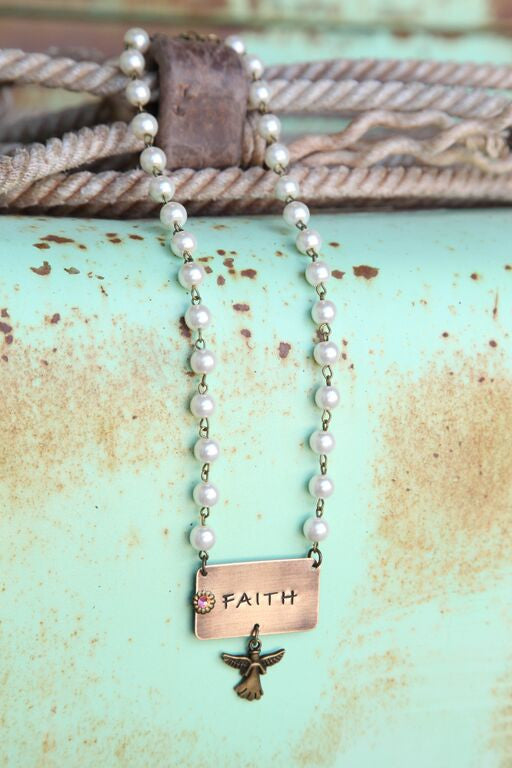 Pearl Linked Necklace w/ Faith Pendant - Pistol Annie's Boutique