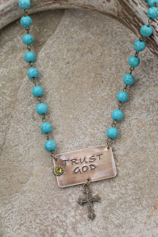 Turquoise Linked Necklace w/ Trust God Pendant - Pistol Annie's Boutique