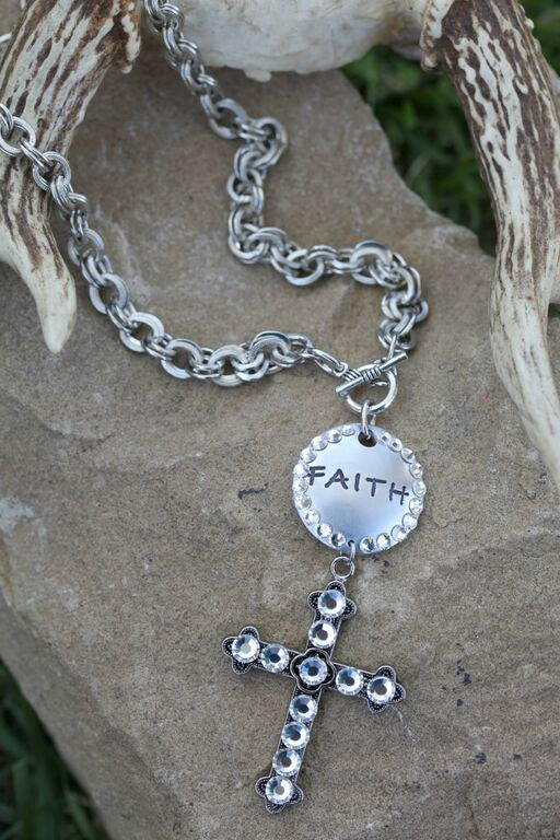 Faith Stamped Disc & Cross Necklace - Pistol Annie's Boutique