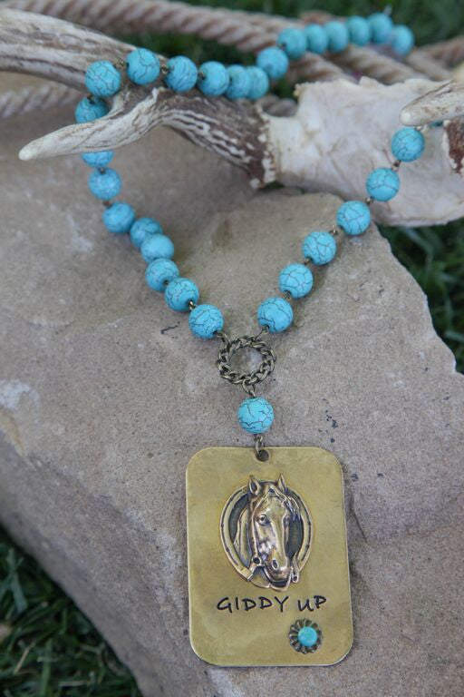 Turquoise Linked Necklace w/ Large Giddy Up Pendant - Pistol Annie's Boutique