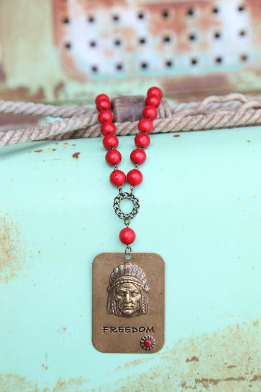 Red Bead Linked Necklace w/ Large Freedom Pendant - Pistol Annie's Boutique