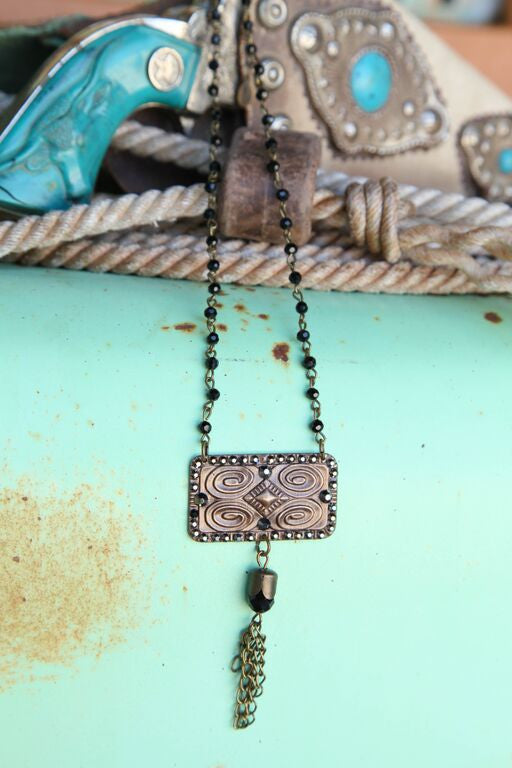 Black Bead Chain Linked w/ Aztec Stamped Pendant - Pistol Annie's Boutique