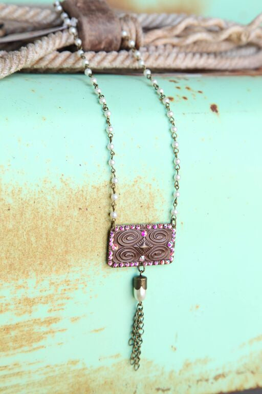Pearl Chain Linked w/ Aztec Stamped Pendant - Pistol Annie's Boutique