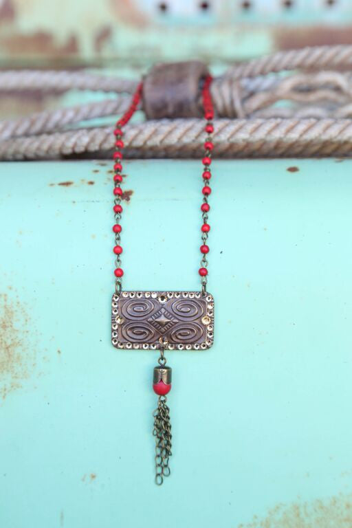 Red Bead Chain Linked w/ Aztec Stamped Pendant - Pistol Annie's Boutique