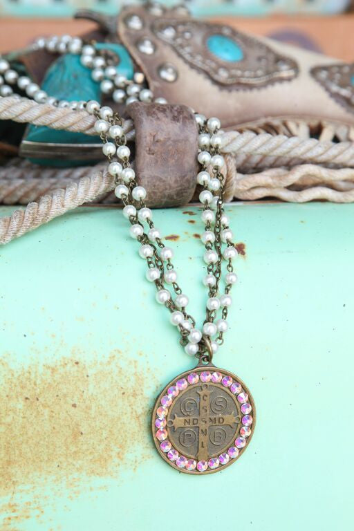 Triple Strand Pearl Large Bronze Saint Benedict Medal - Pistol Annie's Boutique