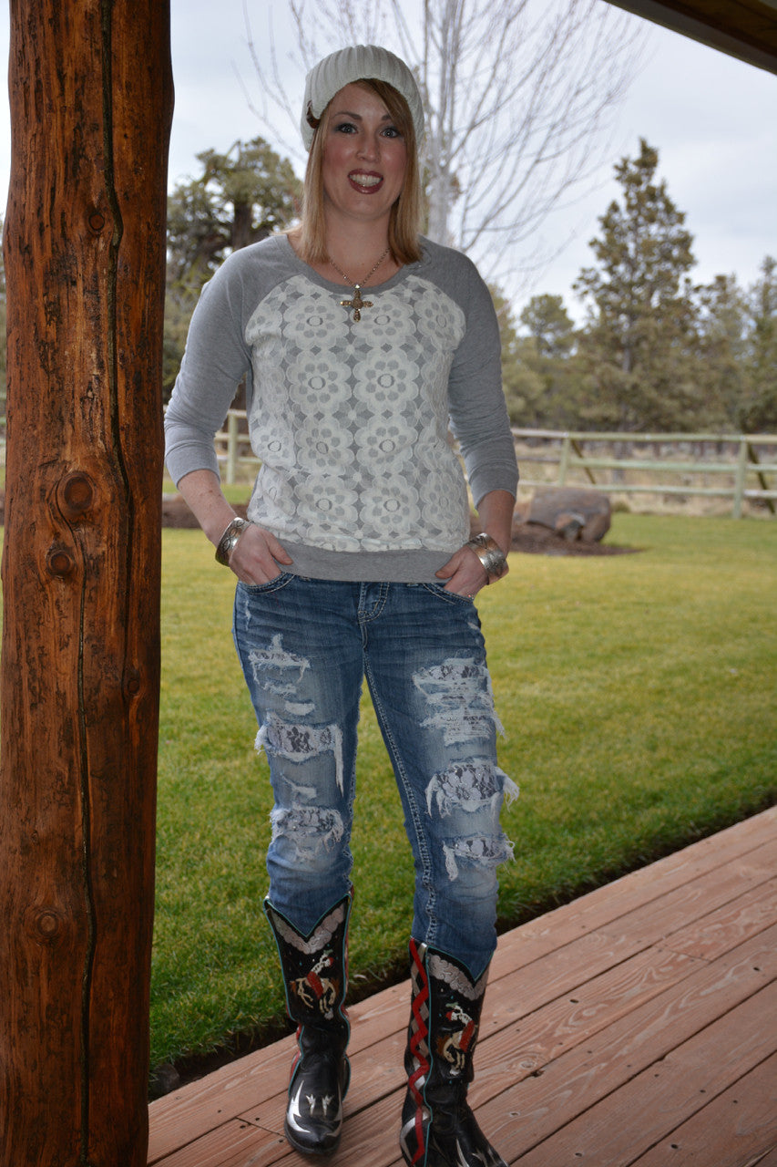 Lace Flower Detailed French Terry Sweatshirt - Pistol Annie's Boutique