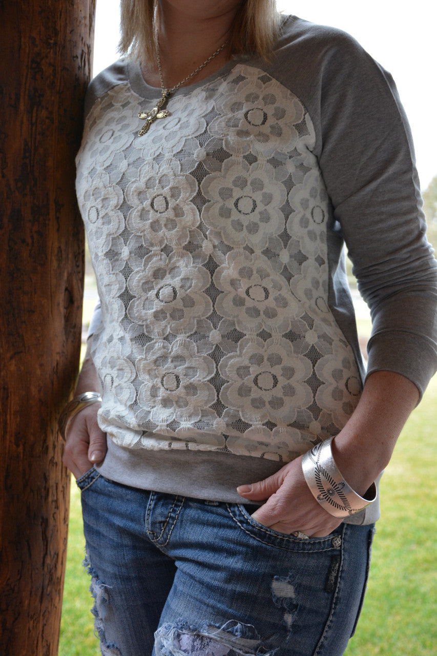 Lace Flower Detailed French Terry Sweatshirt - Pistol Annie's Boutique