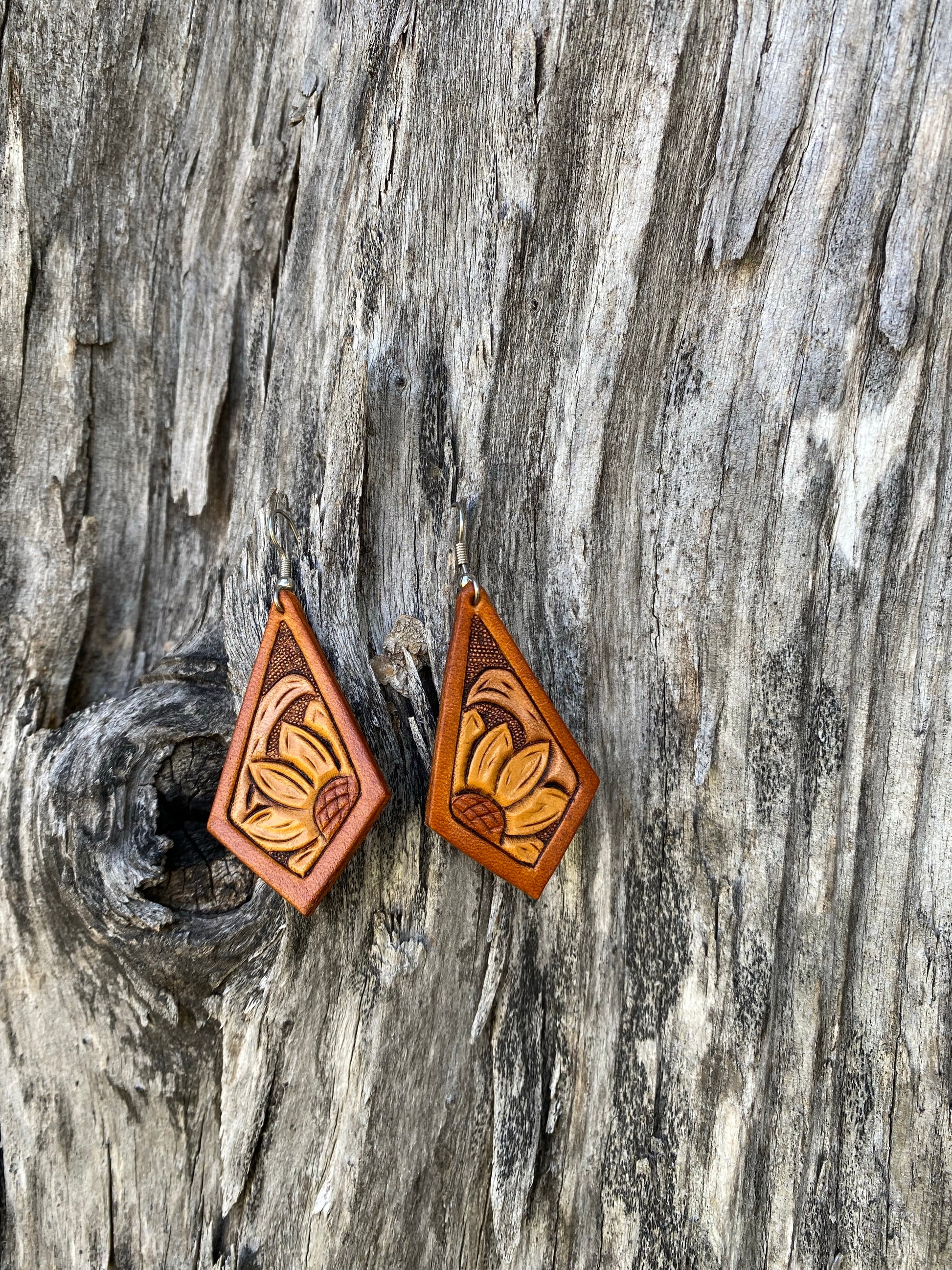 Tooled Leather Sunflower Earrings - Pistol Annie's Boutique