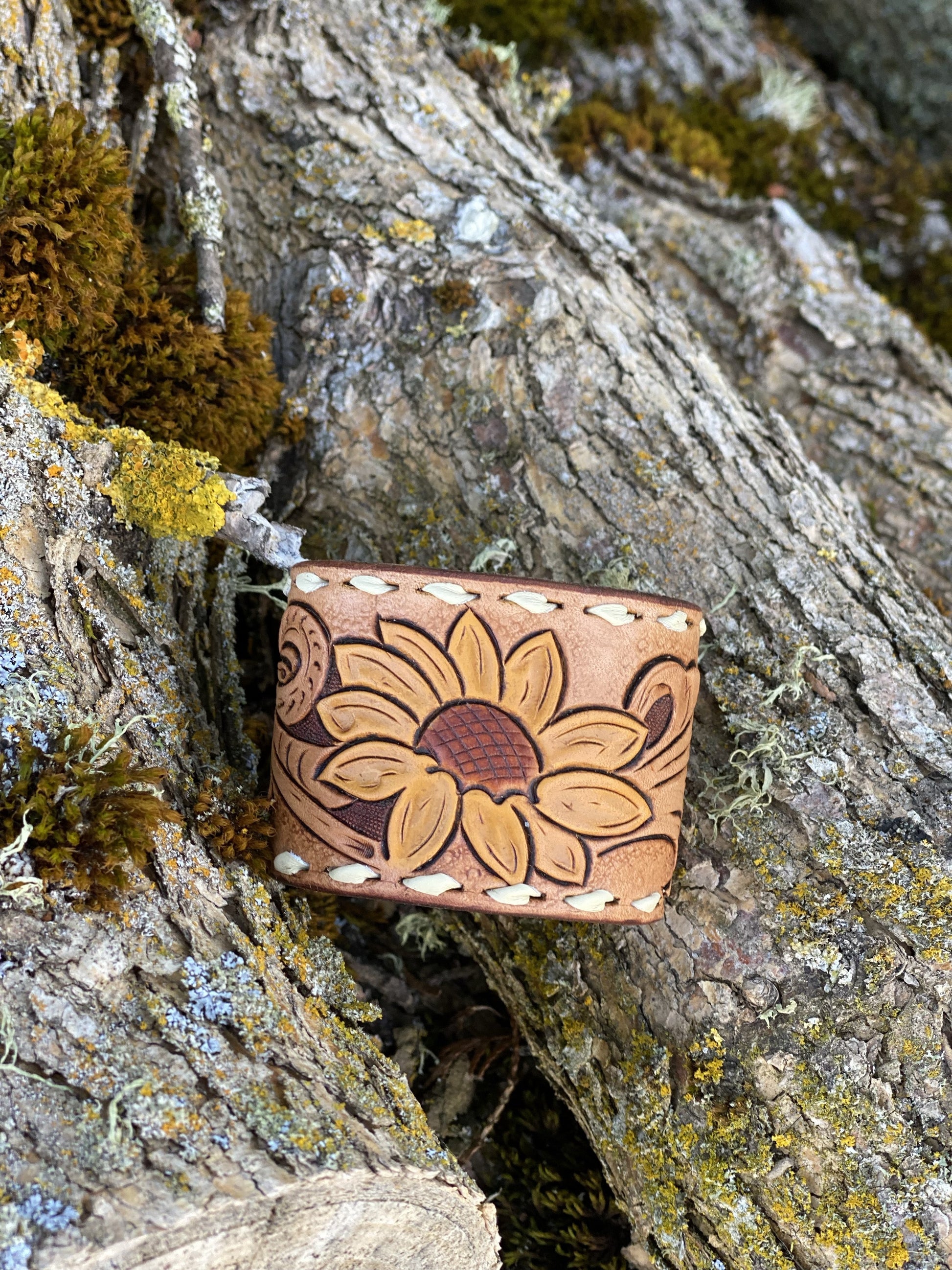 Tooled Leather Sunflower Cuff - Pistol Annie's Boutique